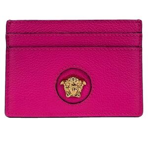 NEW Versace Mini Medusa Grainy Leather Slim Card Case Wallet Fuschia Pink